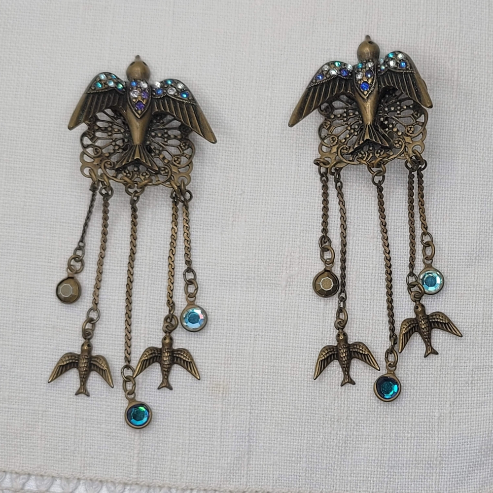Vintage Bird Dangle Earrings with Blue Accents